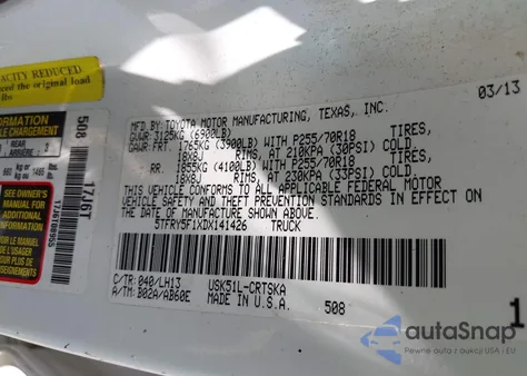 2013 Toyota Tundra Grade 5.7L V8 из США, поврежденный, VIN 5TFRY5F1XDX141426